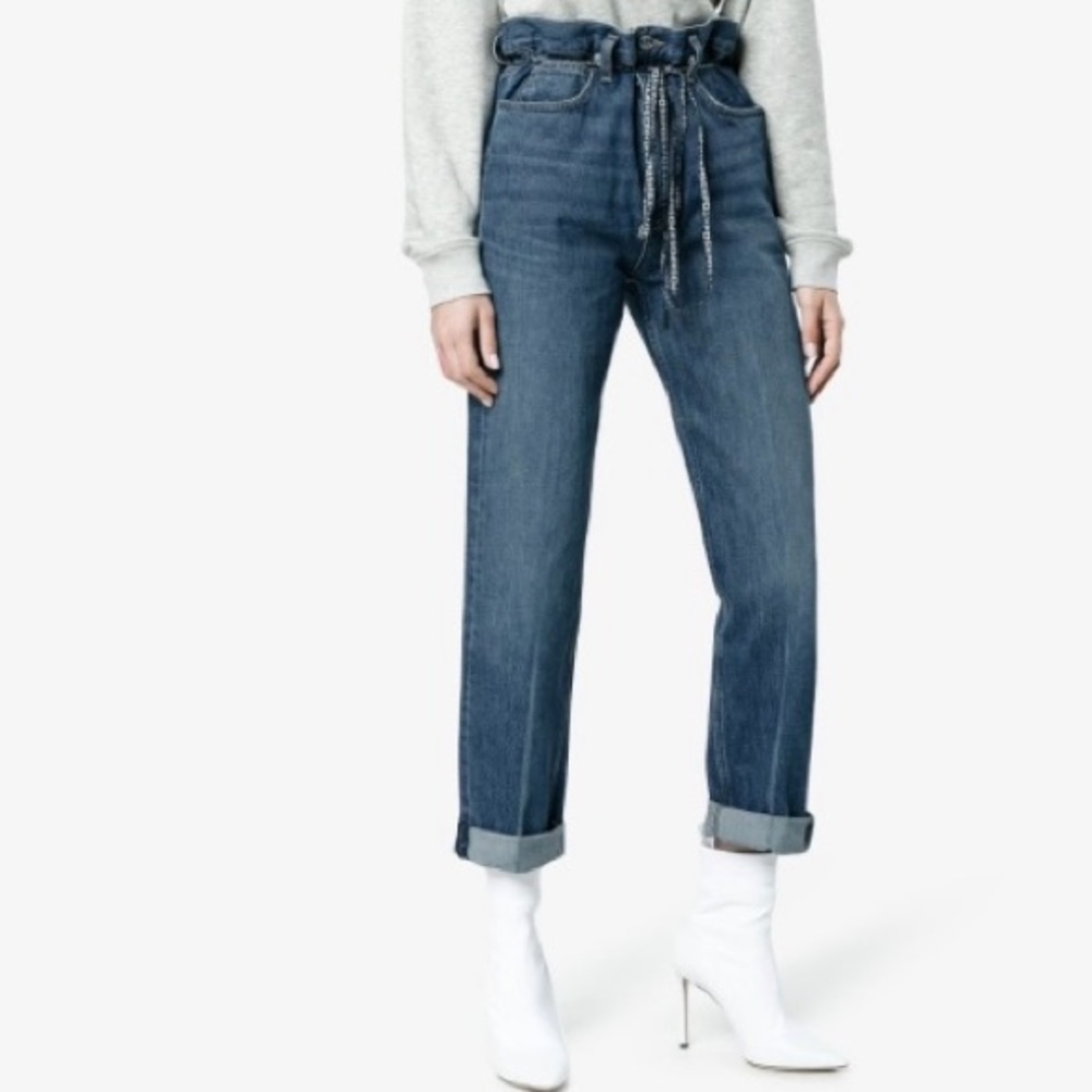 Proenza Schouler White Label Paper Bag High-Waisted Blue Jeans. Drawstring Belt.